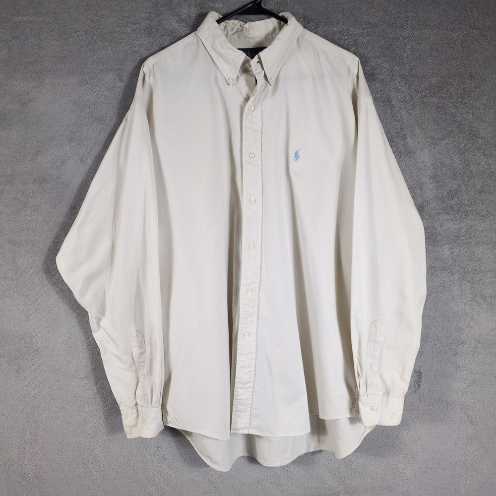 Ralph Lauren Mens XL Button Down Shirt Cream Cotton Long Sleeve Blue Pony Logo - Picture 2 of 9